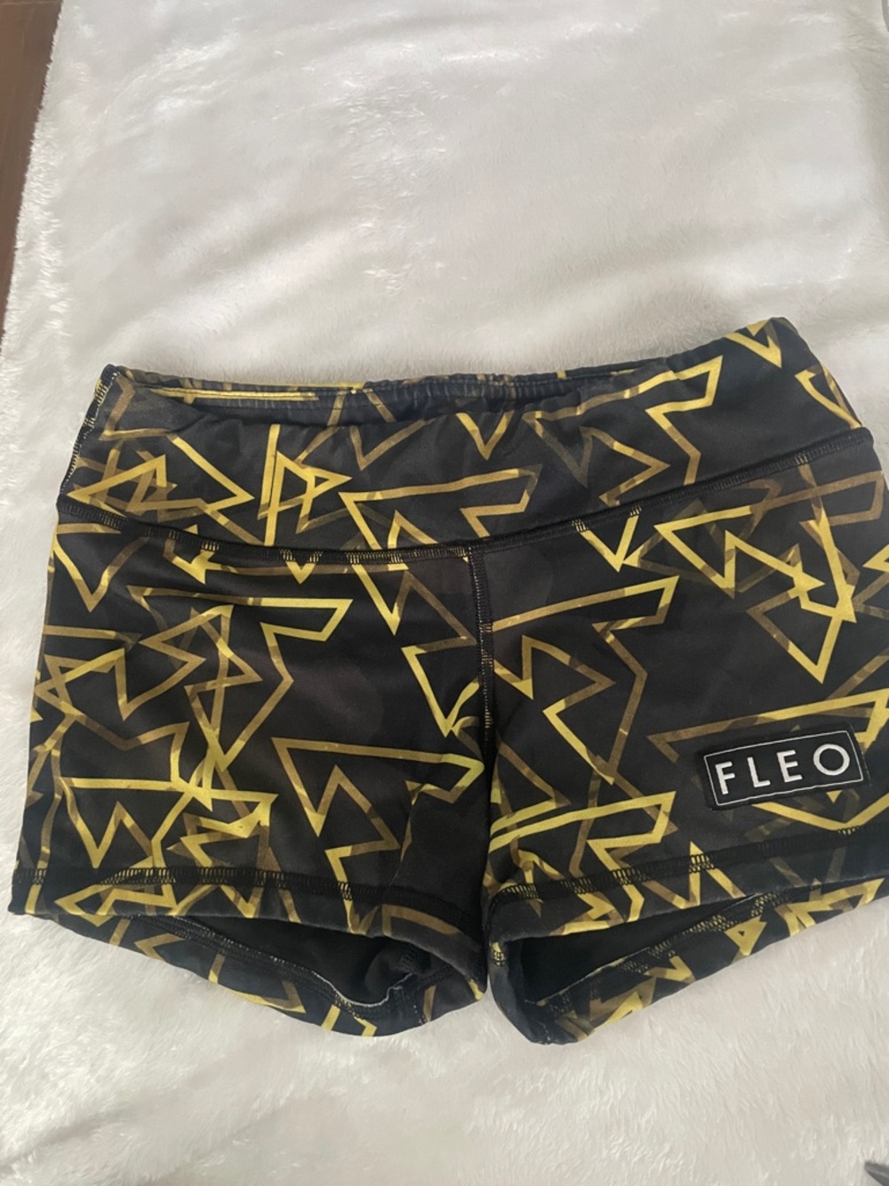 Fleo Black Shorts with Yellow Gold Triangle Geometric Print. Size small fitted